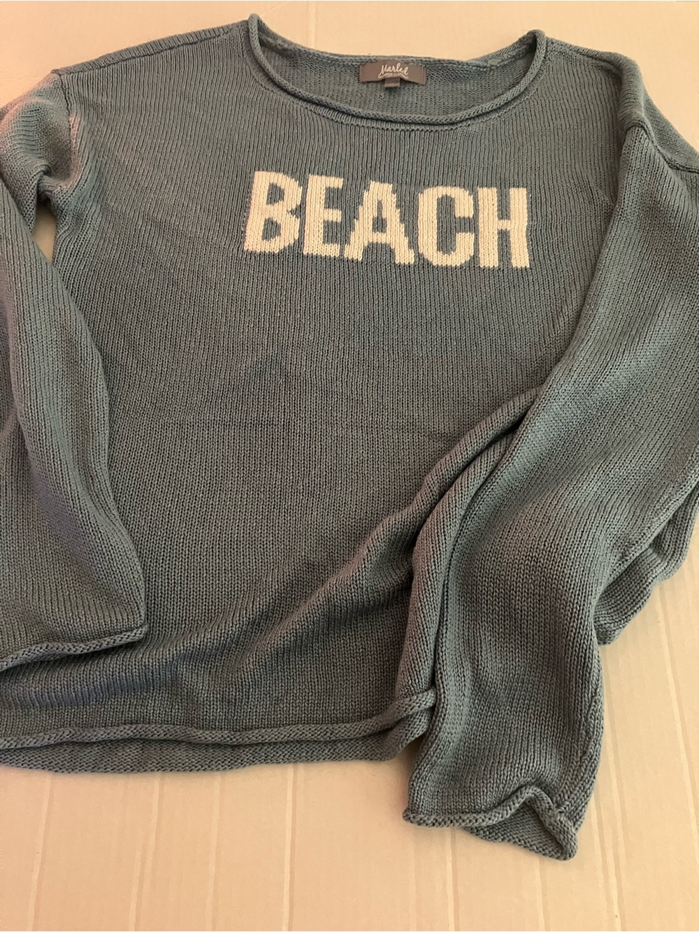 BEACH Knit Sweater Pullover in Seafoam with White Lettering - Picture 3 of 7